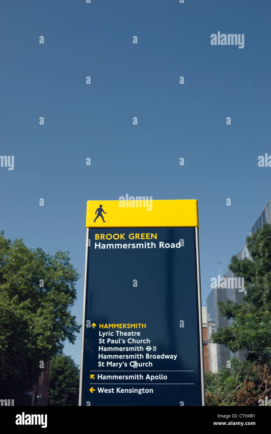 direction board at brook green, hammersmith, london, england Stock Photo