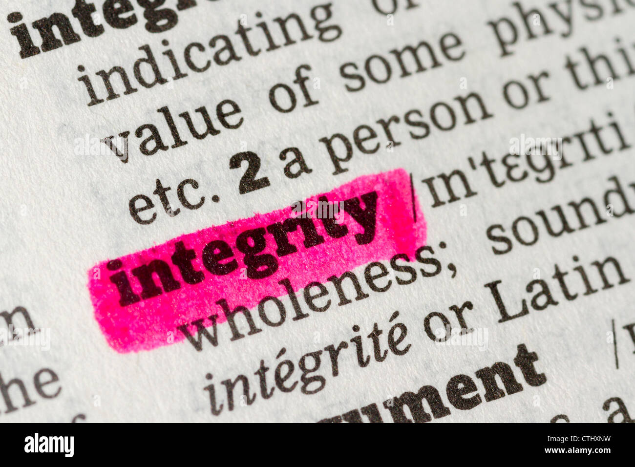 Integrity Dictionary Definition highlighted in dictionary closeup Stock