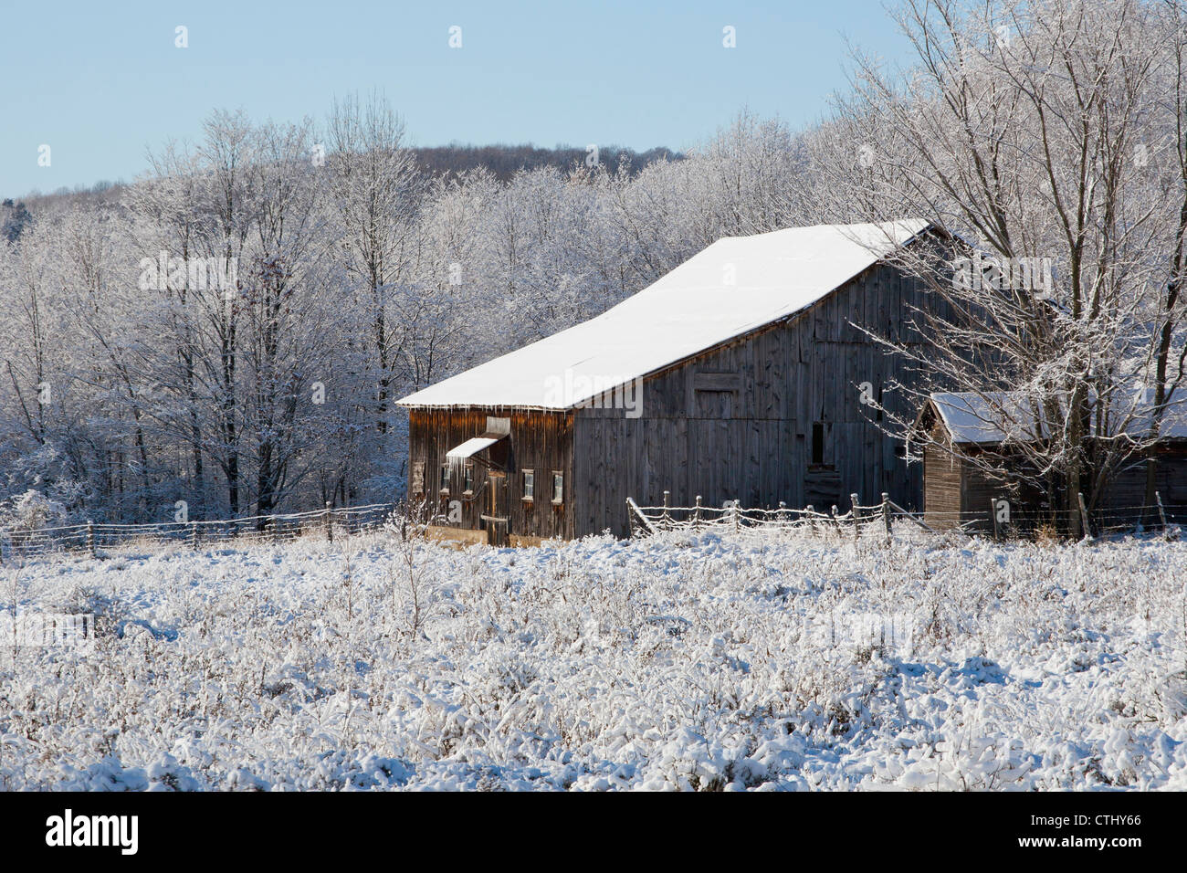 Old Barn In Winter; Iron Hill, Quebec, Canada Stock Photo