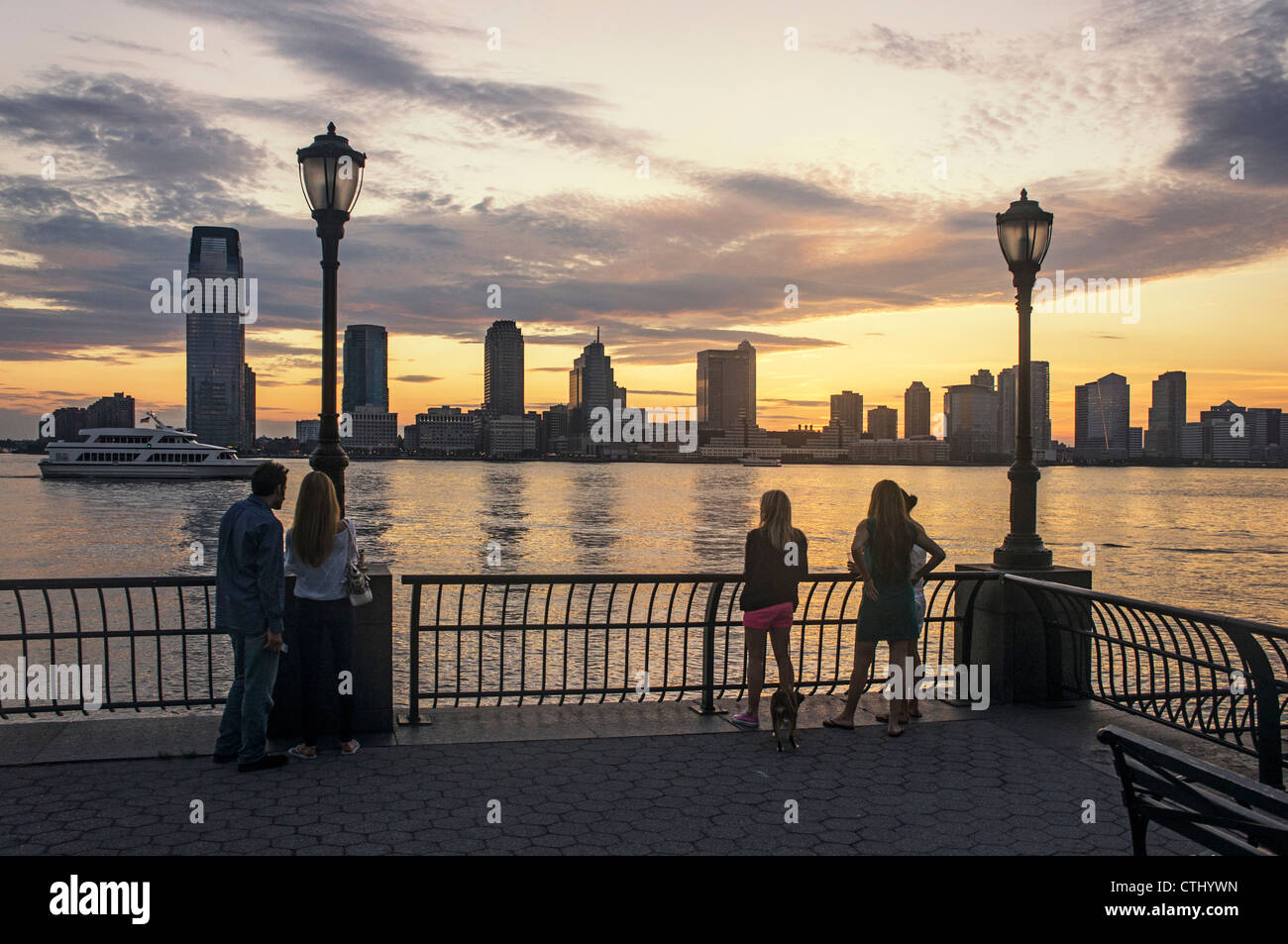 View from Battery Park to Skyline of New Jersey at Sunset, New York Cty Stock Photo