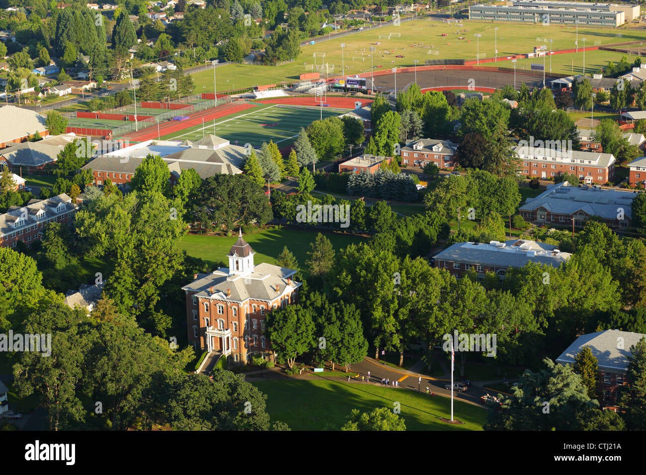 Aerial view of Linfield College Campus, McMinnville, OR Stock Photo