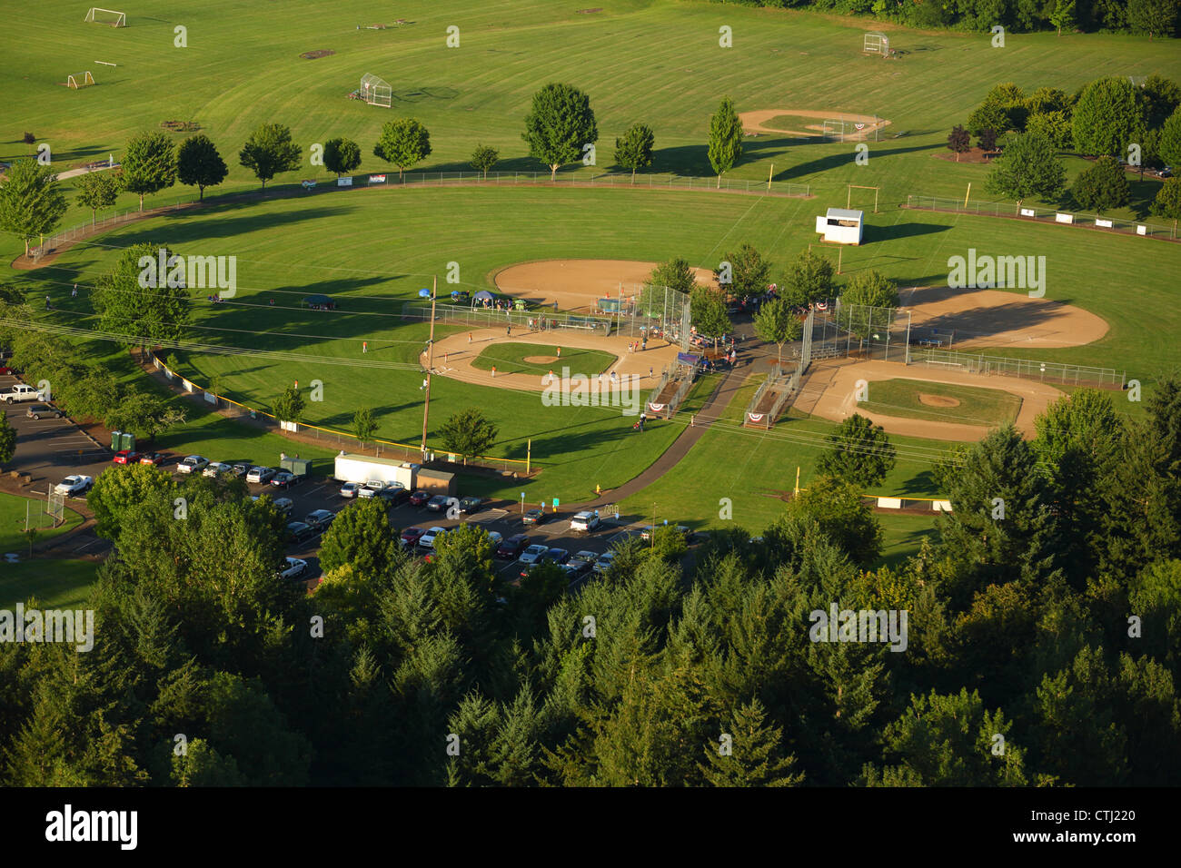 Aerial view of park with baseball fields Stock Photo