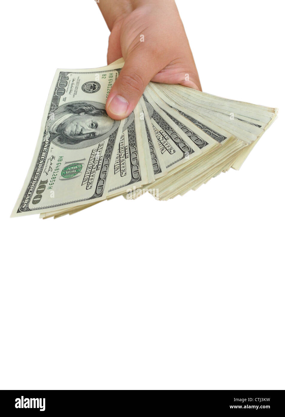 offering dollars stack in the hand isolated on white background Stock Photo