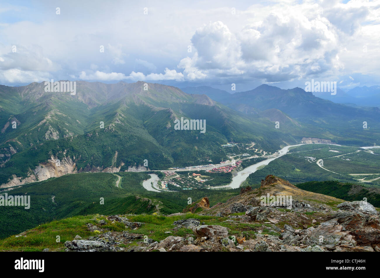 Overview of Visitor Center area from Mt. Healy. Denali National Park and Wildness Preserve. Alaska, USA. Stock Photo