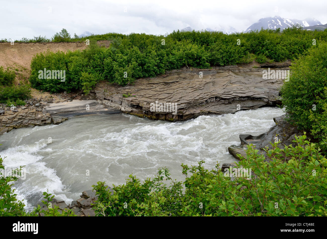 Ukak river erodes into bed rocks. Katmai National Park and Preserve. Alaska, USA. Stock Photo