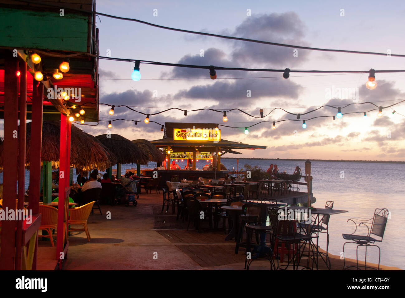 West Indies, Bonaire, Kralendijk, beach bar at sunset Stock Photo