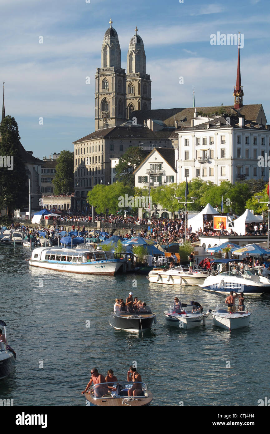 River Limmat , Boats, Zurich, Switzerland, Stock Photo