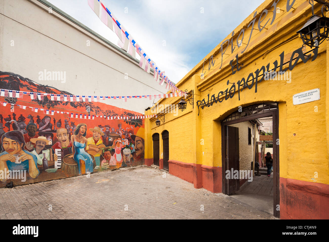 Entrance of La Piojera, famous bar restaurant in Santiago Chile, opposite of the Mercado Central, Central Market. Stock Photo