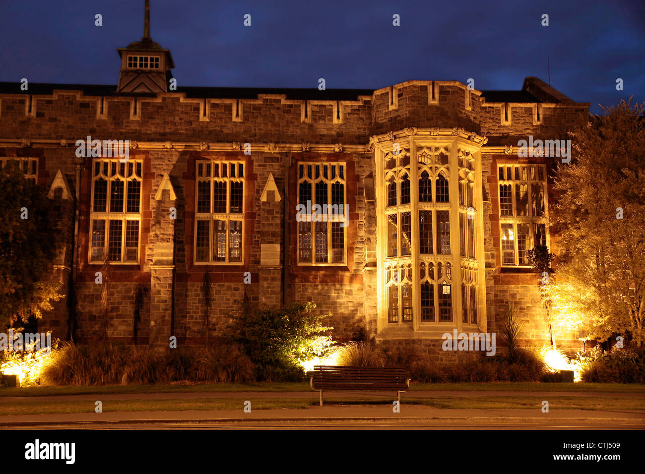 Christs College in Christchurch at night, Canterbury, South Island, New Zealand Stock Photo