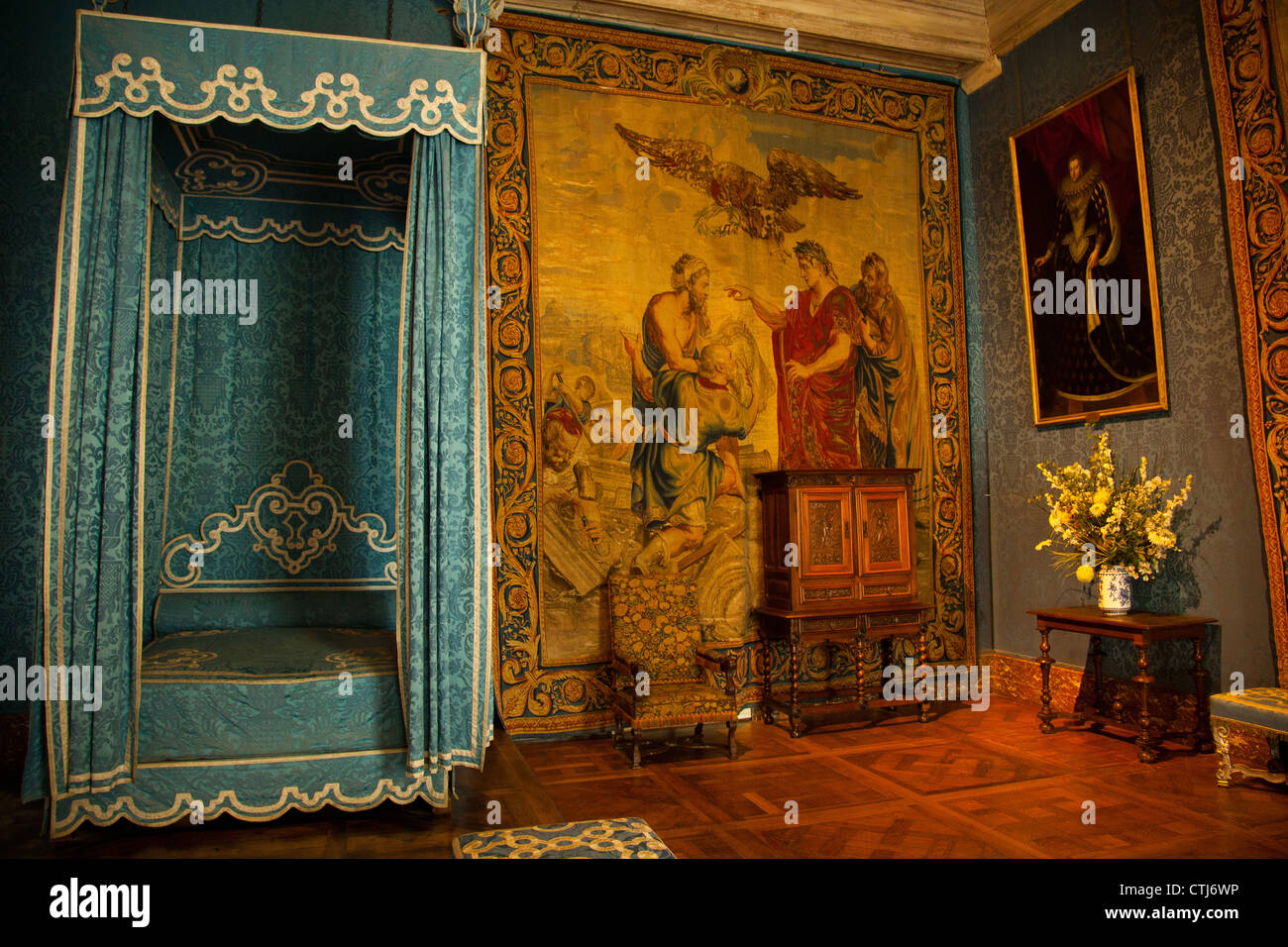 The bedroom of Francois I and Maria Theresa of Spain in Chateau de Chambord in the Loire Valley of France Stock Photo