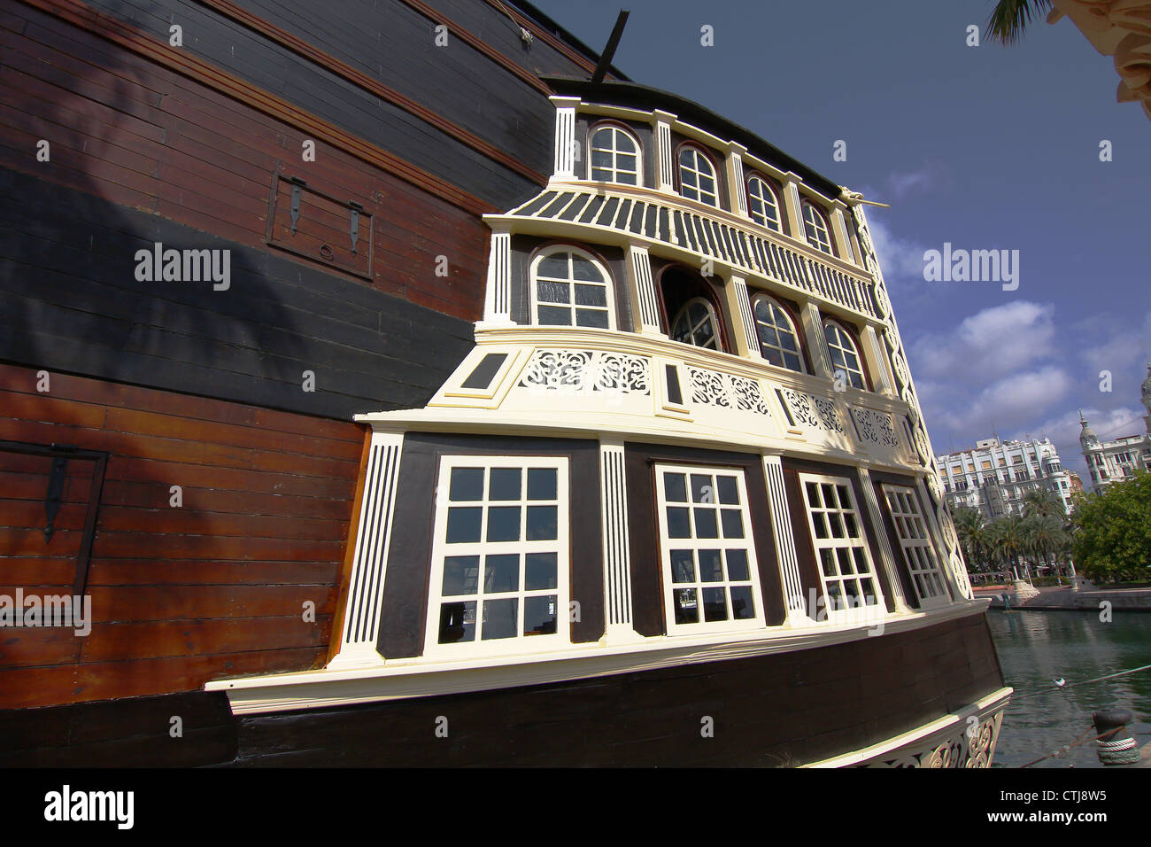 Historic and famous stern of the Spanish galleon Santisima Trinidad Stock Photo