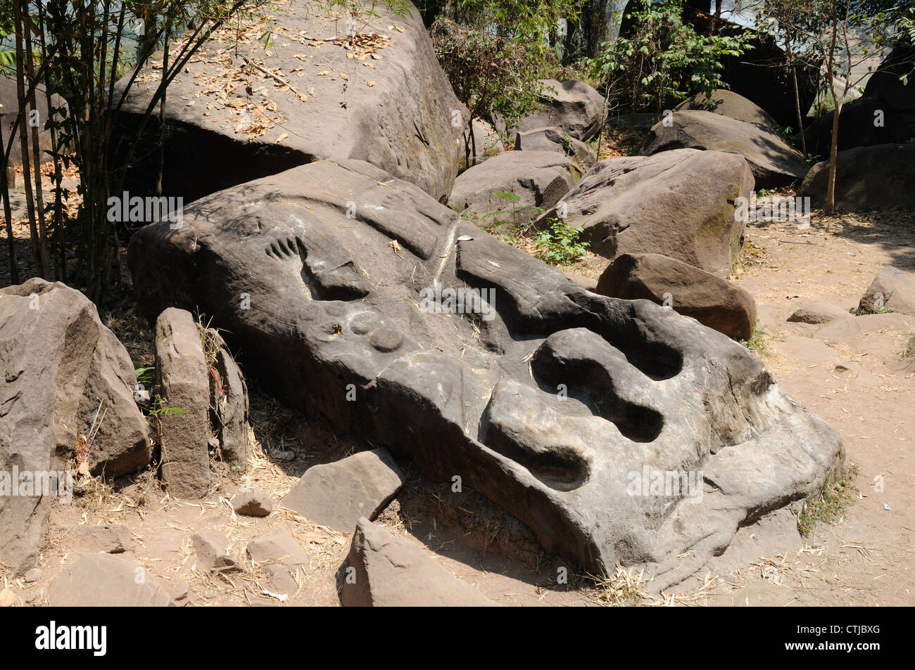 Crocodile Stone or Sacrifice Stone Wat Phu Champasak Southern laos Stock Photo