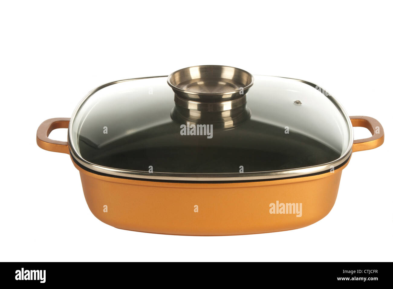 cookware, cast iron cooking pot, nonstick pan and glass lid isolated on