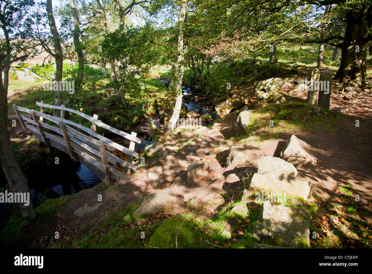 A wooden bridge over Burbage Brook flowing into Padley Gorge in the Peak District National Park Derbyshire England UK Stock Photo