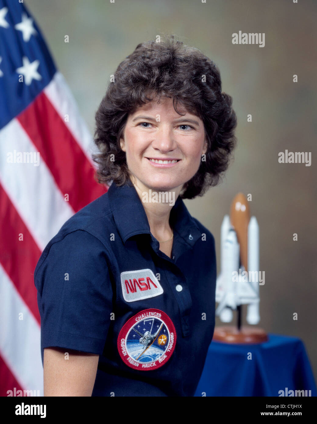 NASA astronaut Sally K. Ride member of the Shuttle Challenger STS-7 crew and the first U.S women in space in her official portrait June 1983 at the Johnson Space Center, Houston, Texas. Stock Photo