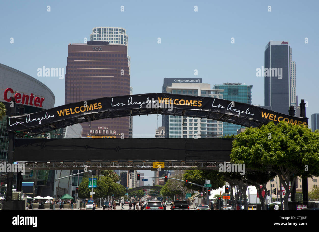 Los Angeles, California - A welcome sign spans Figueroa Street in downtown Los Angeles. Stock Photo