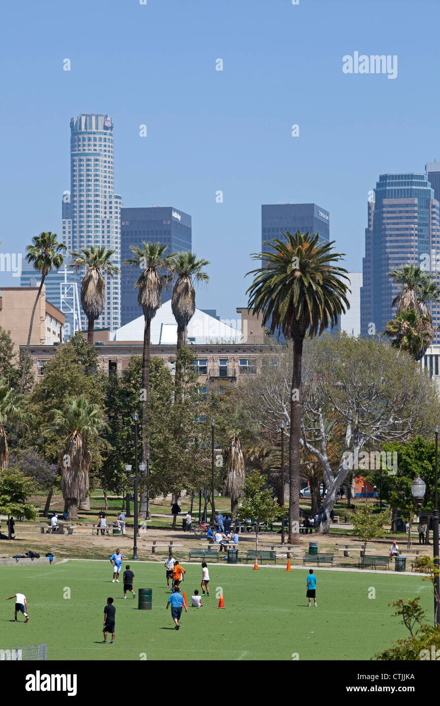 Los Angeles, California A soccer game in MacArthur Park, with