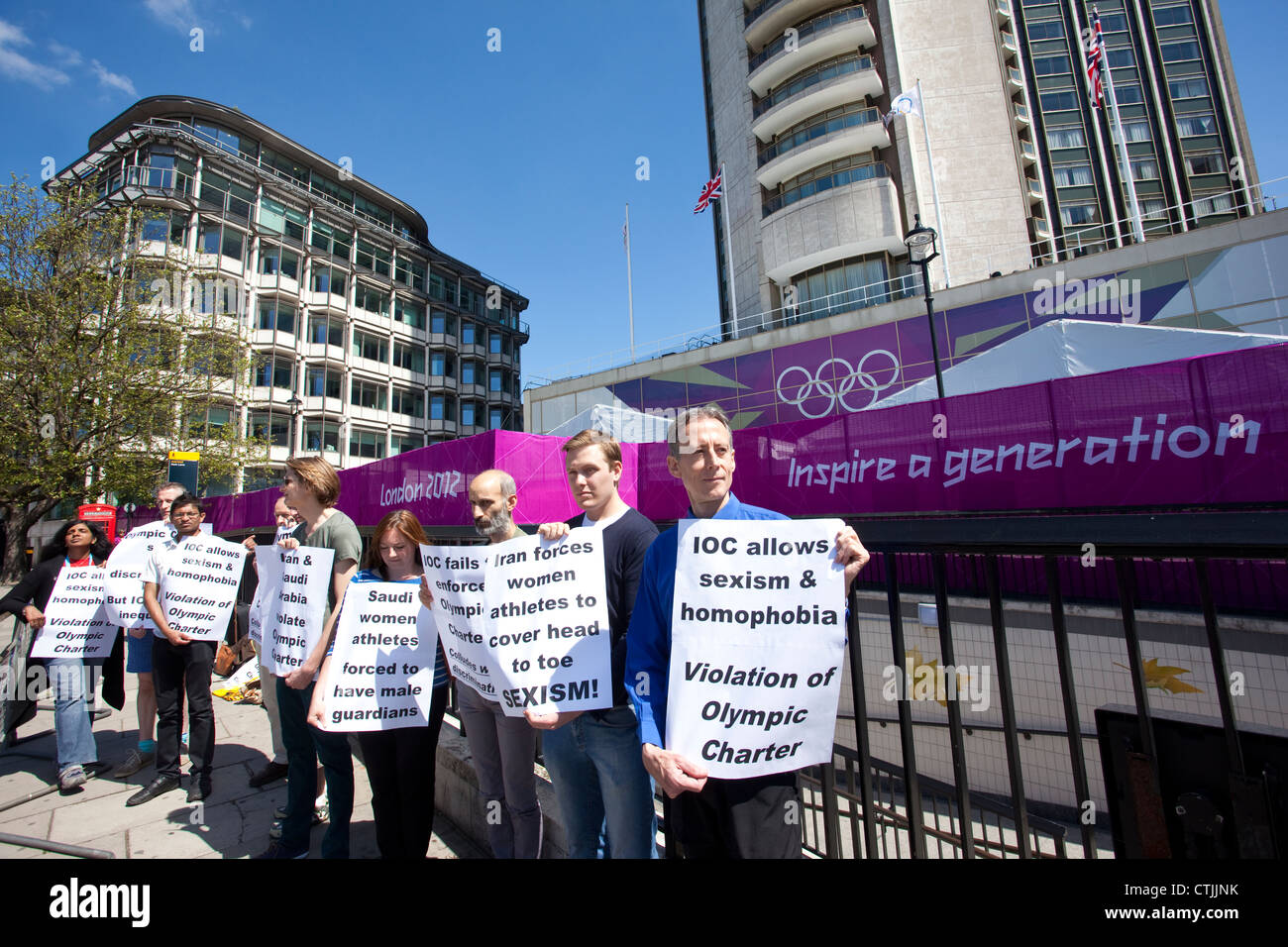 Protesters outside the Hilton on Park Lane London, where the International Olympic Committee stay during the London Olympics. Stock Photo