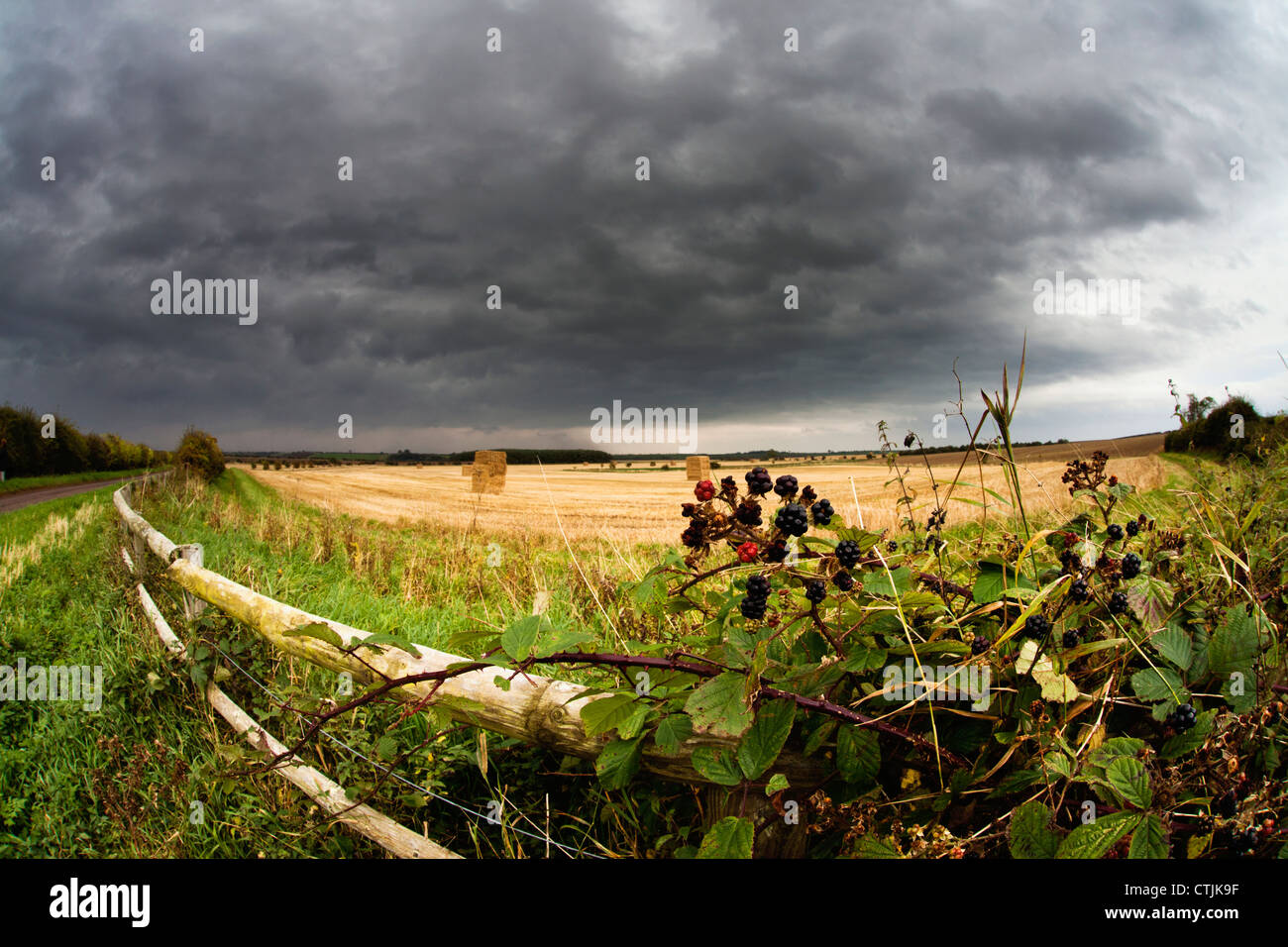 A Wooden Rail Fence Along The Edge Of A Farm Field Under Storm Clouds; Northumberland, England Stock Photo