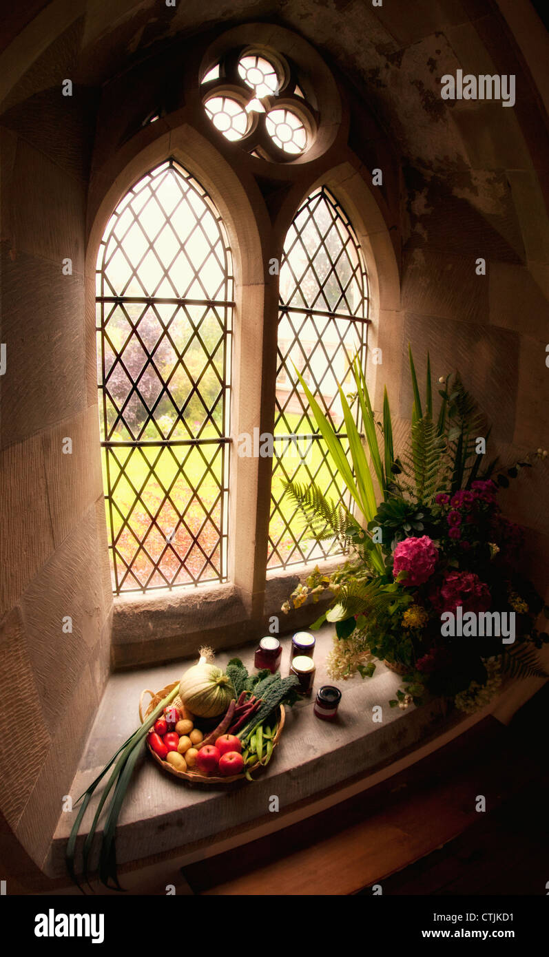 Food Items On A Plate For Harvest Festival; Kelso, Scottish Borders, Scotland Stock Photo