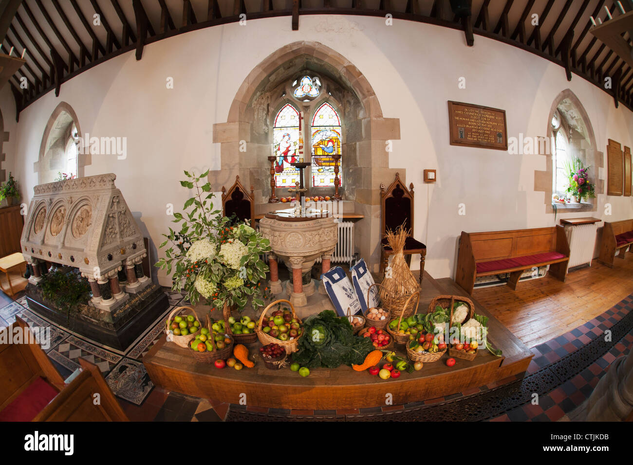 Fresh Food On Display On A Table For Harvest Festival; Kelso, Scottish Borders, Scotland Stock Photo