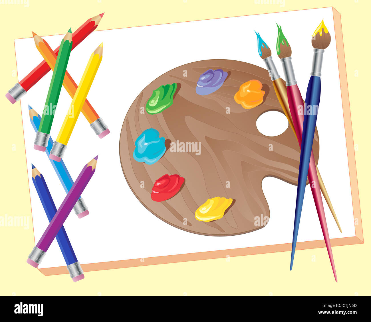 an illustration of art materials with brushes pencils and an artists palette with paints on a white background Stock Photo - Alamy