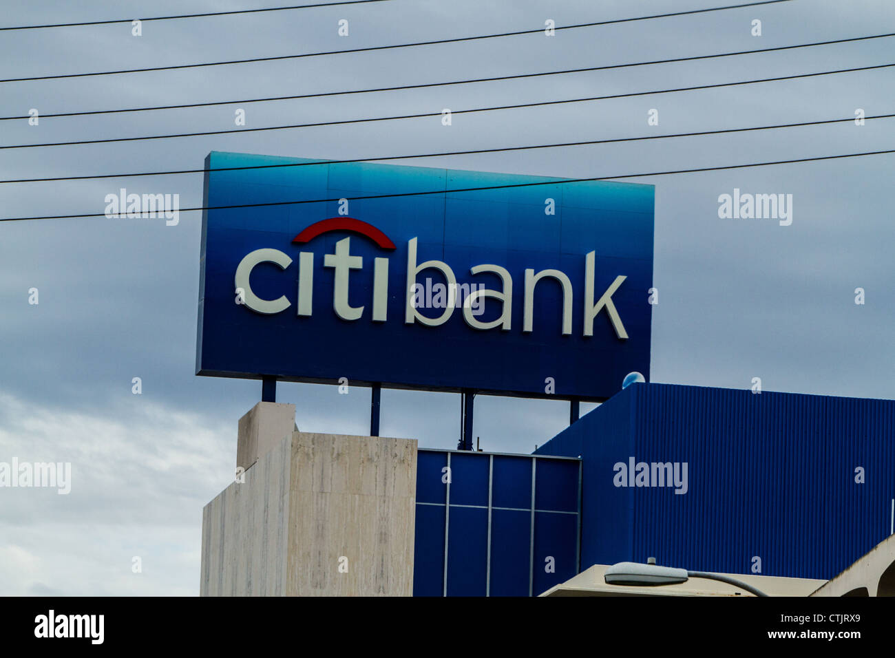 A Citibank sign crossed with electric lines in Los Angeles California