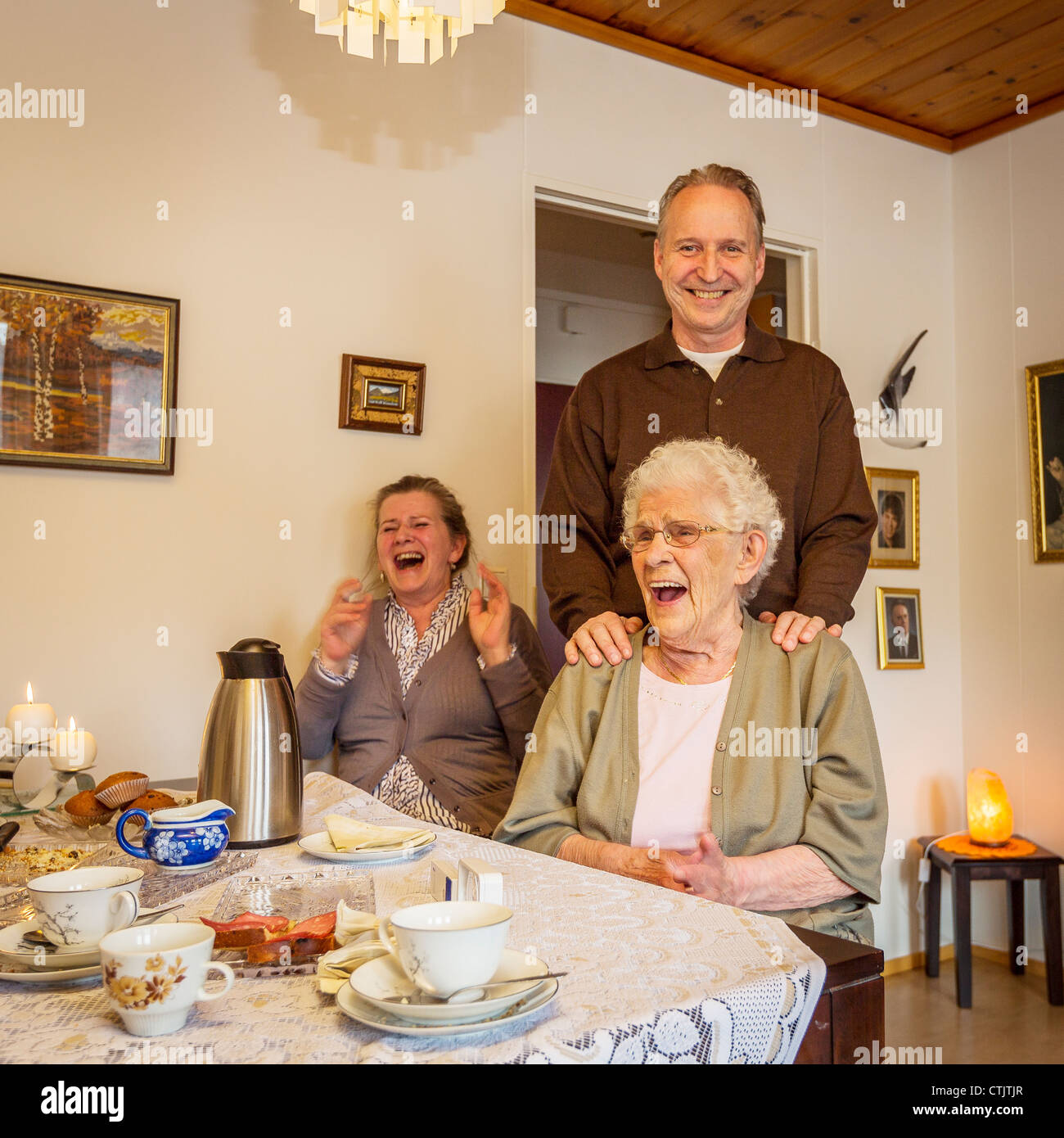 Visiting mom for some laughs, coffee, tea and snacks. Reykjavik, Iceland Stock Photo