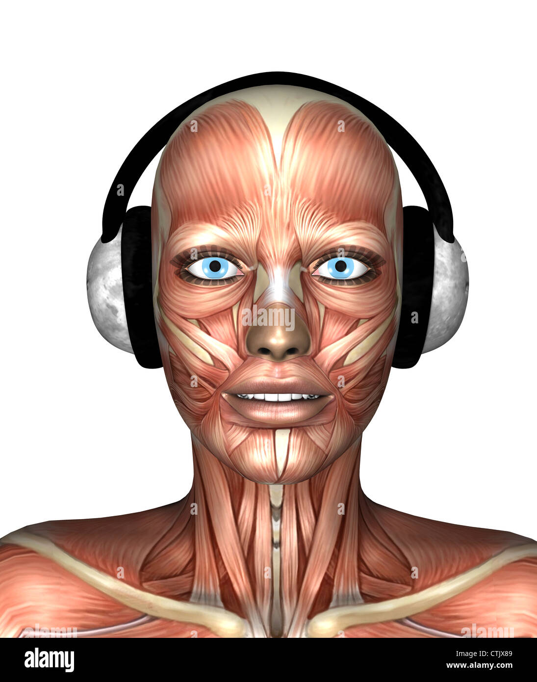 muscle woman with headphones Stock Photo
