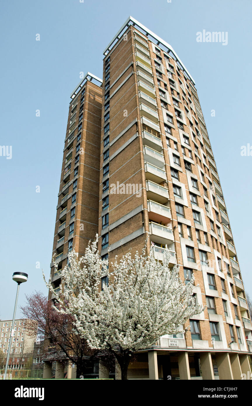 Sivill House grade two listed tower block with flowering cherry in front, Columbia Road  Shoreditch Tower Hamlets London England UK Stock Photo