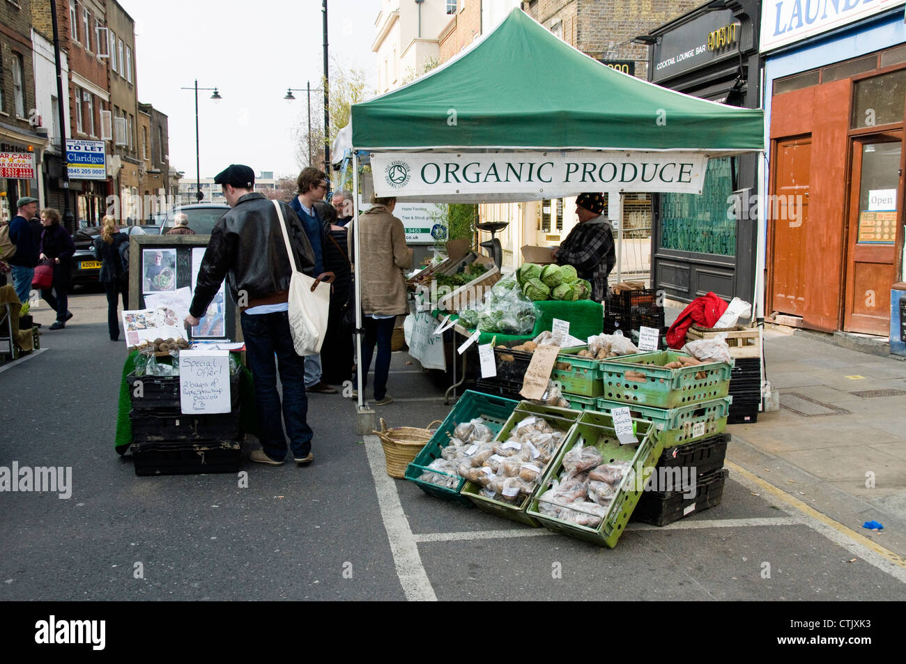 Organic produce for sale at Islington Farmers Market, London England UK Stock Photo