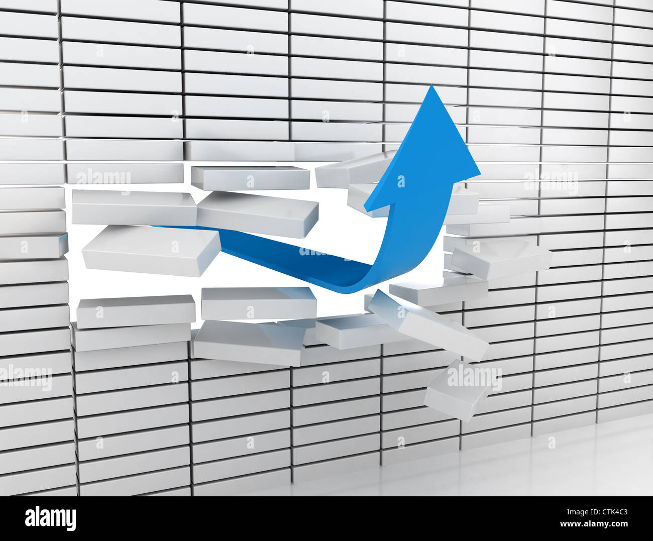 Blue arrow breaking through a white brick wall Stock Photo - Alamy