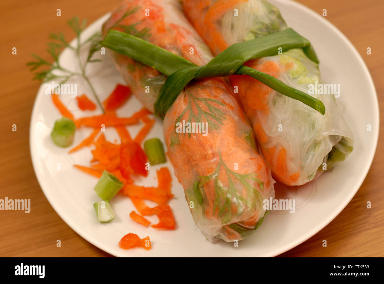 Vietnamese Style Spring Rolls Garnished And Tied Together With A Green Onion Vegetarian And Vegan Appetizer Stock Photo Alamy