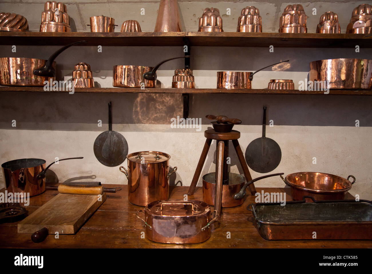 Cooking utensils in Chateau de Chenonceau in the Loire Valley of France Stock Photo