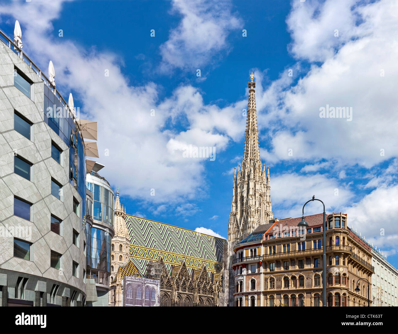 Vienna's historic Cathedral of St Stephan with the modern so called Haas-Haus Stock Photo