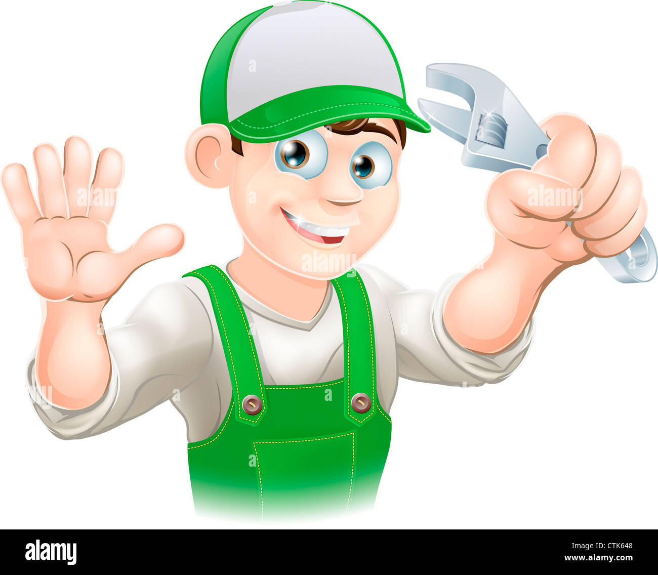 Graphic of smiling plumber or mechanic in overalls holding spanner and waving Stock Photo