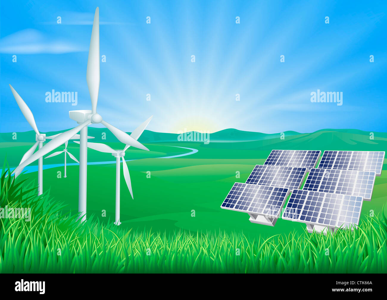 Illustration of wind turbines and solar panels generating renewable ...