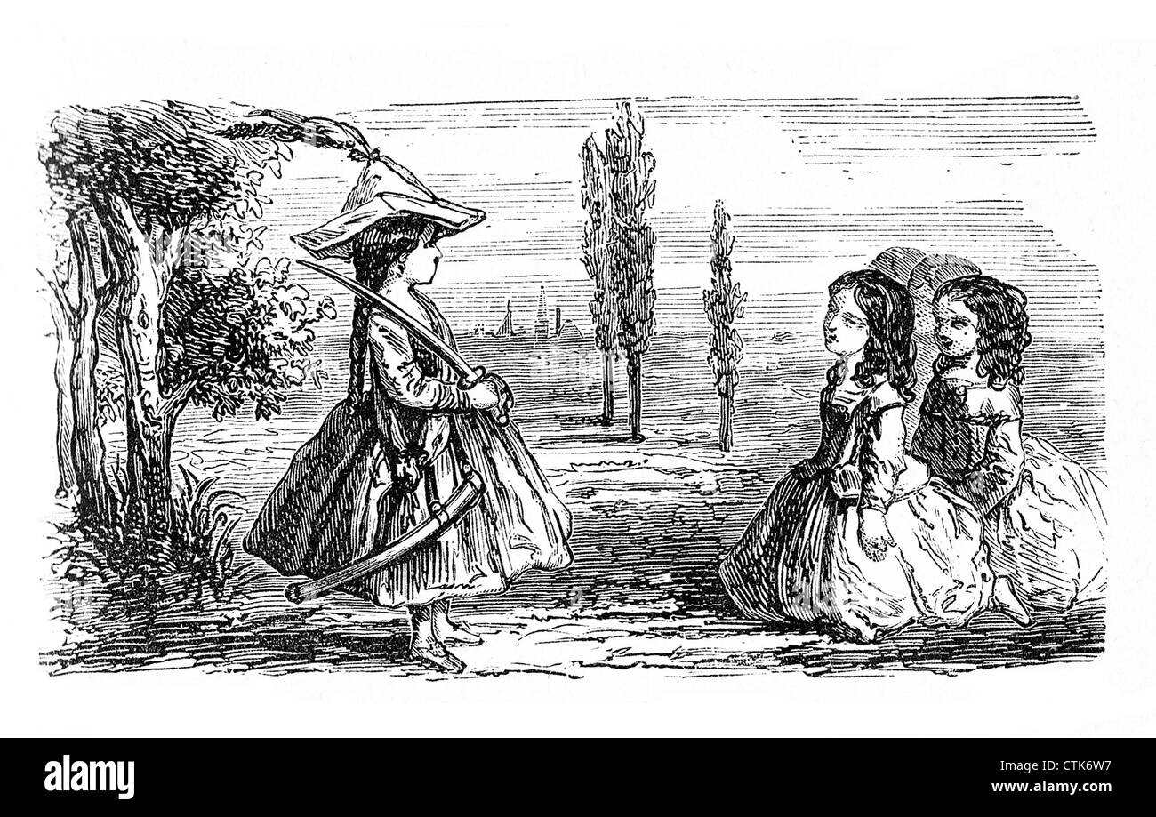 Girls game: captain commands the soldiers, a girl is the captain wearing a cocked paper hat and a wooden sword, as symbol of power, vintage illustration Stock Photo