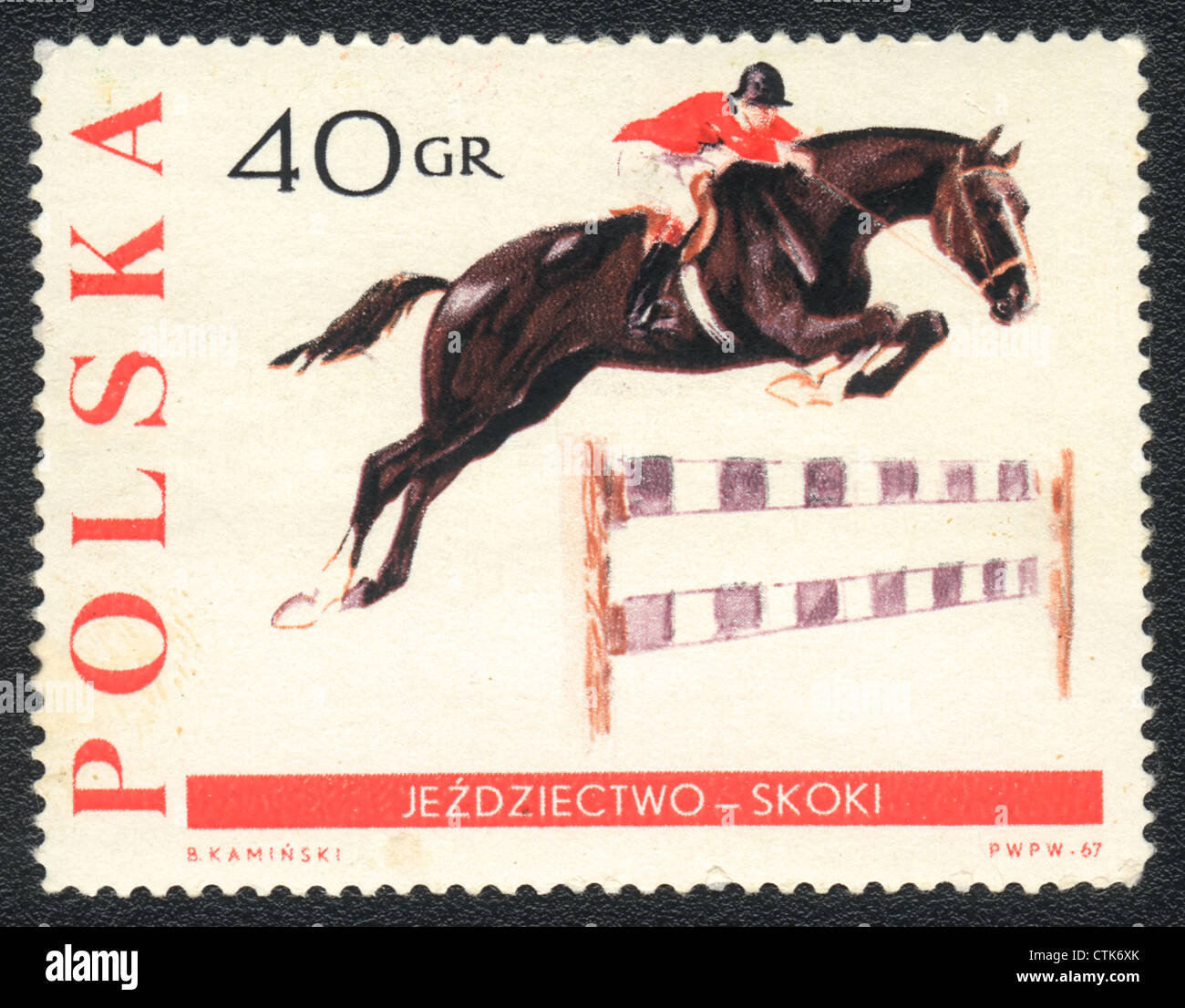 POLAND - CIRCA 1967: A stamp printed in POLAND shows a Show jumping, series equestrian sport, circa 1967 Stock Photo