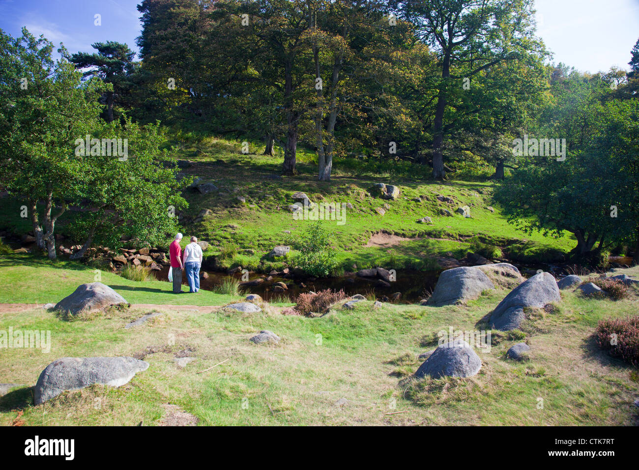 Two walkers admiring Burbage Brook as it flows through the National Trust's Longshaw Estate in the Peak District National Park Stock Photo