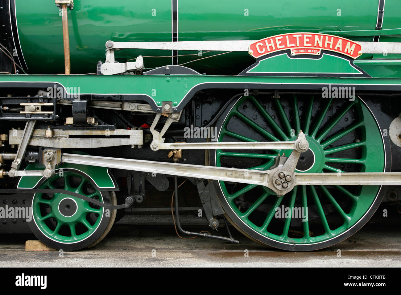 Nameplate and driving wheels of preserved Southern Region Schools Class steam locomotive 925 'Cheltenham' Stock Photo