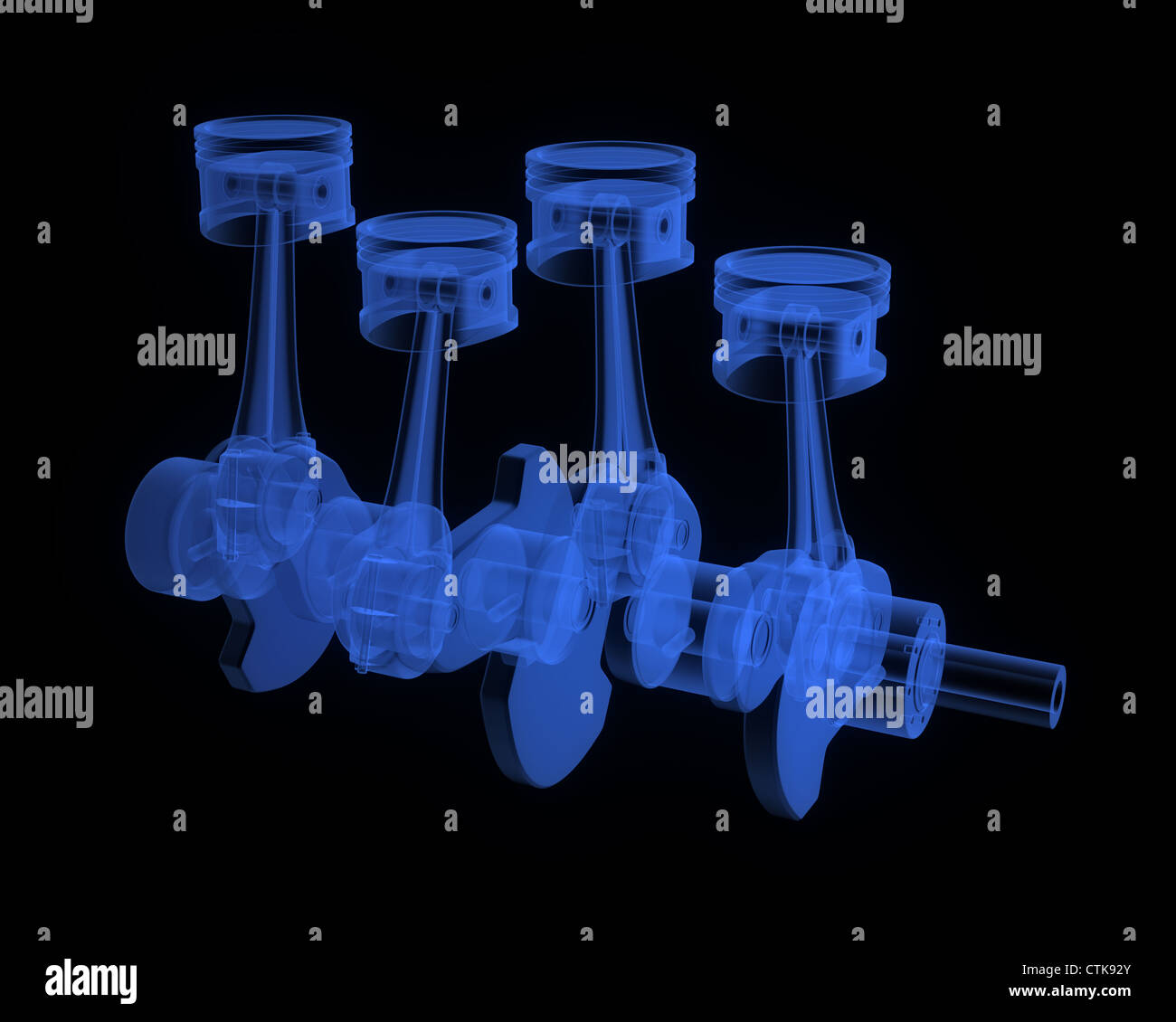 Engine pistons on a crankshaft, blue xray version on black background