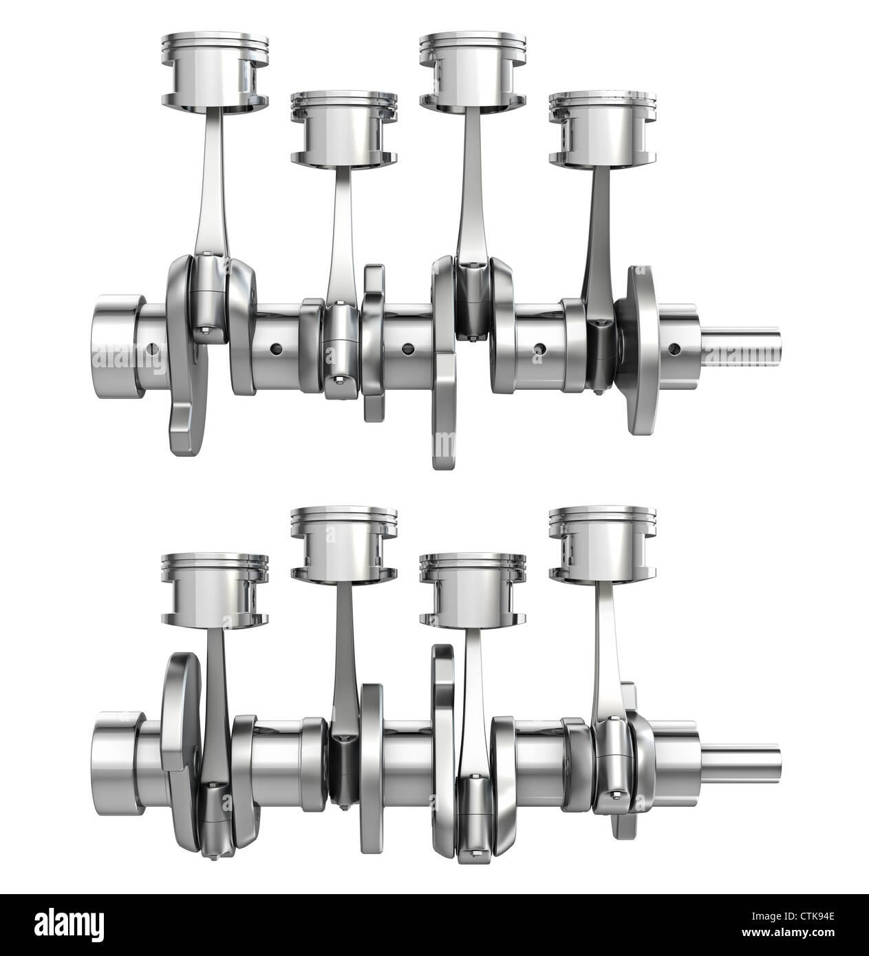 Engine pistons on a crankshaft, two positions, isolated on white background Stock Photo Alamy