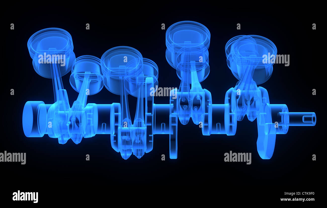 V8 engine pistons on a crankshaft, blue xray version on black