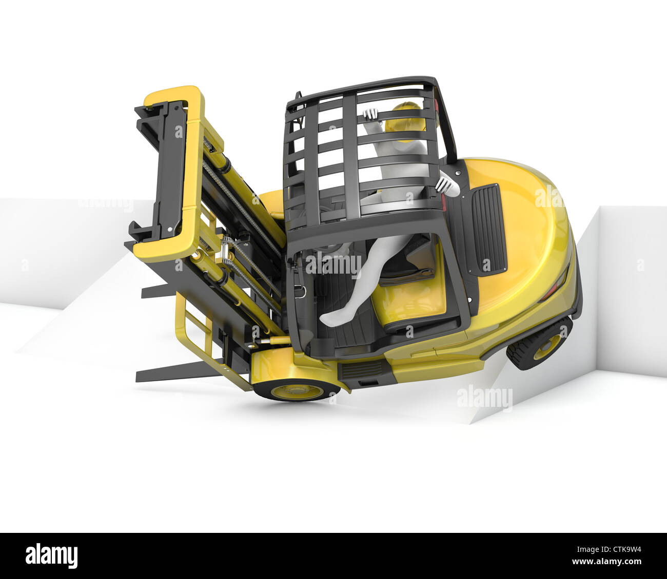 Yellow fork lift truck falling after turning on slope, isolated on