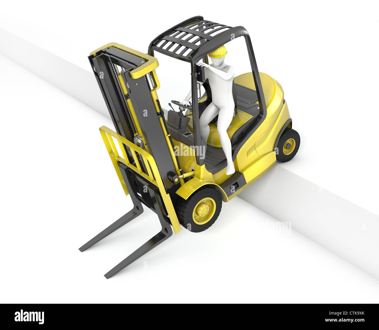 Yellow fork lift truck stuck after falling from ramp, isolated on white