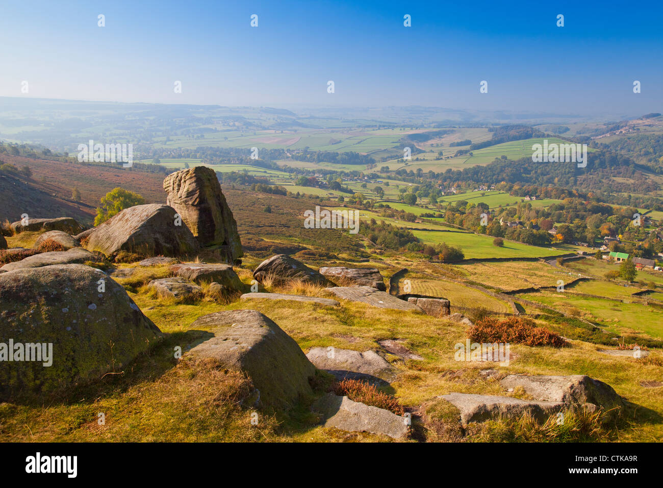 Looking south along Curbar Edge down the Derwent Valley in the Peak District National Park Derbyshire England UK Stock Photo