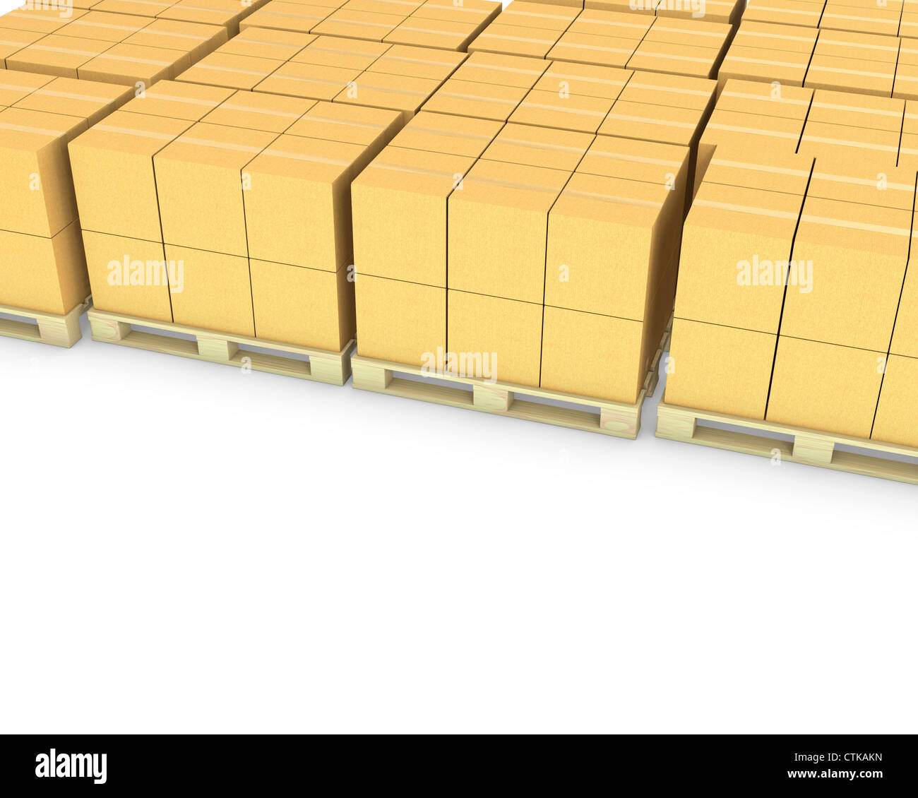 Stacks of cardboard boxes on a pallets isolated on white background