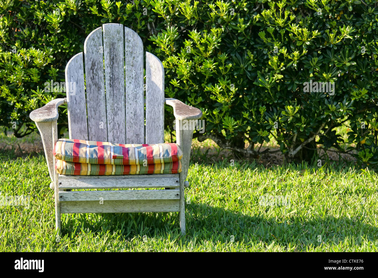 An old weathered Adirondack chair in the garden with a hedge as a backdrop  Stock Photo - Alamy