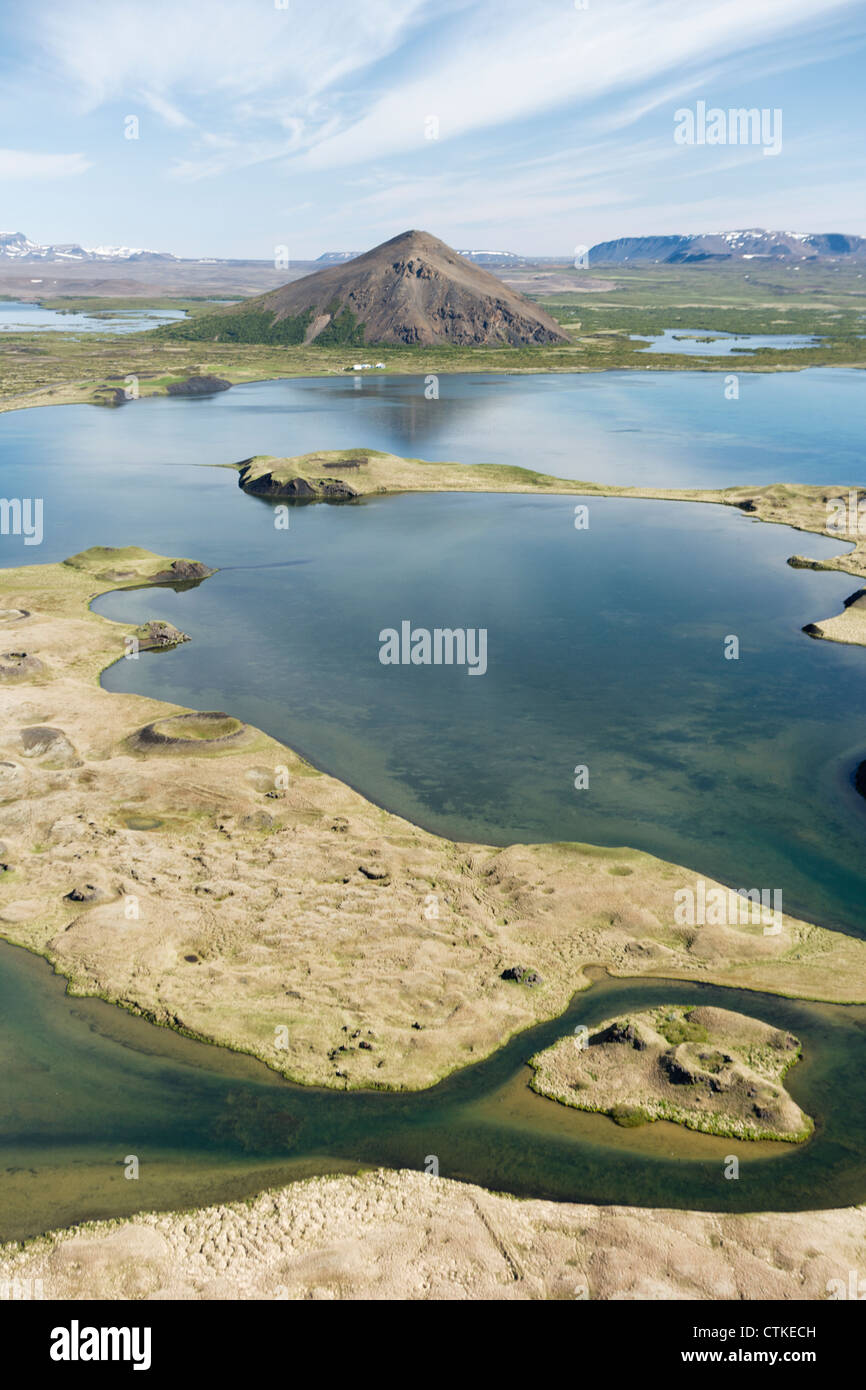 Aerial view of Myvatn lake with their pseudocraters, not far from Krafla volcano. Stock Photo